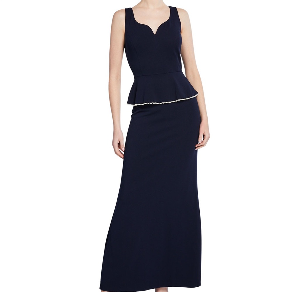 Formal navy blue dress with pearls